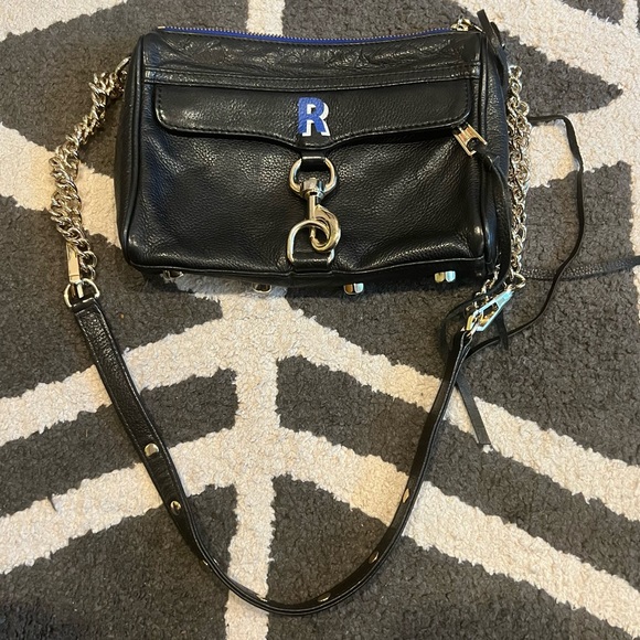 Rebecca Minkoff Monogram Mini Mac Black Leather blue polkadot lined bag - Picture 6 of 8